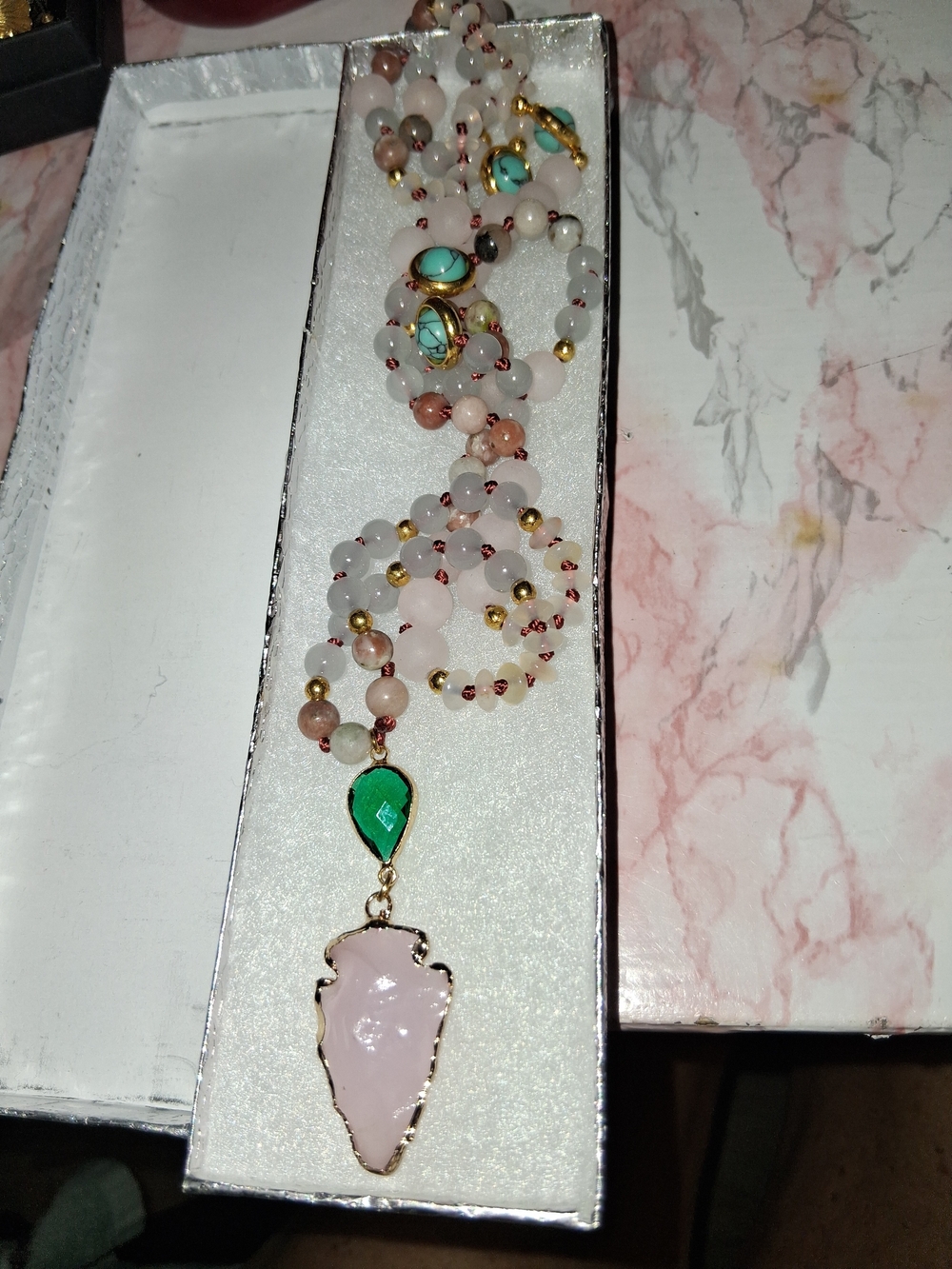 Source Unknown Pink Arrowhead Pendant Necklace with Green Accent and Gold Beads